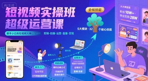 短视频实操班超级运营课，新手小白到短视频大神必修课程，剪辑-拍摄-运营-直播-变现 - 搞薯条网-搞薯条网