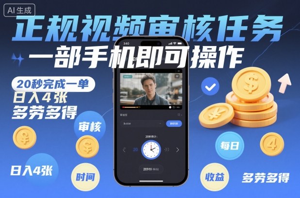 正规视频审核任务，一部手机即可操作，20秒完成一单，日入4张，多劳多得【揭秘】-搞薯条网