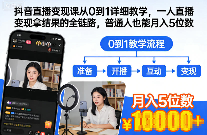 抖音直播变现课从0到1详细教学，一人直播变现拿结果的全链路，普通人也能月入5位数-搞薯条网