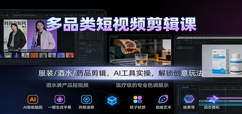 多品类短视频剪辑课：服装/酒水/药品剪辑，AI工具实操，解锁创意玩法-搞薯条网