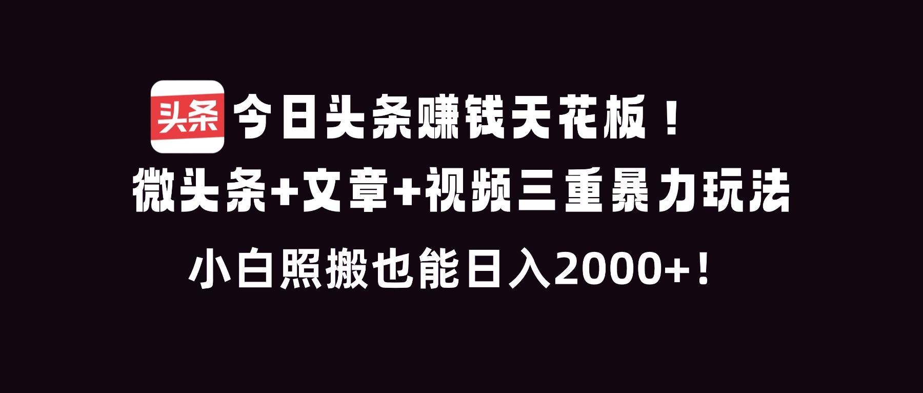 今日头条赚钱天花板!微头条+文章+视频三重暴利玩法,小白照搬也能日人2000+-搞薯条网