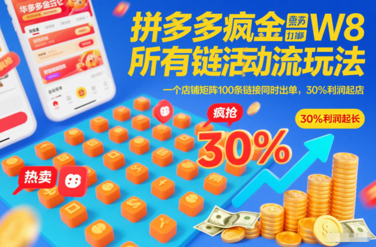 拼多多疯狂活动流玩法，所有链接全部打标，一个店铺矩阵100条链接同时出单，30%利润起店-搞薯条网