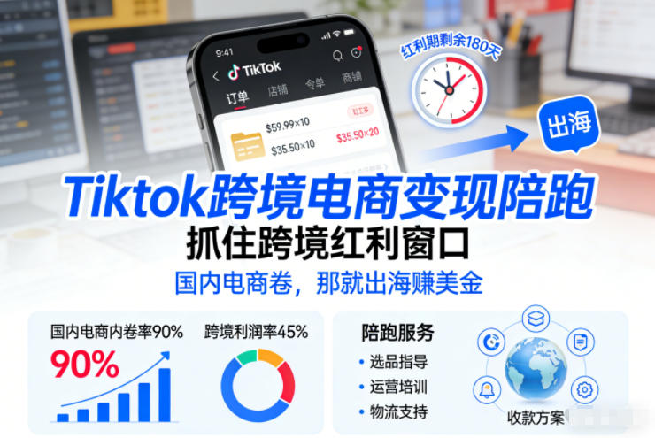 Tiktok跨境电商变现陪跑,抓住跨境红利窗口,国内电商卷,那就出海賺美金-搞薯条网