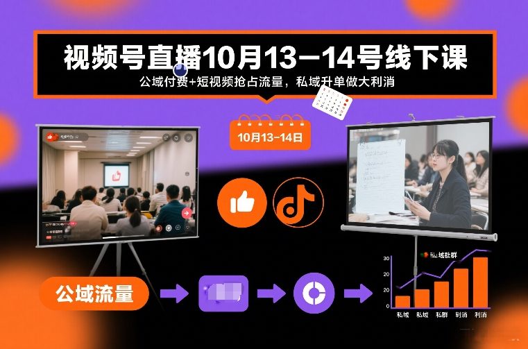 视频号直播10月13-14号线下课，公域付费+短视频抢占流量，私域升单做大利消-搞薯条网