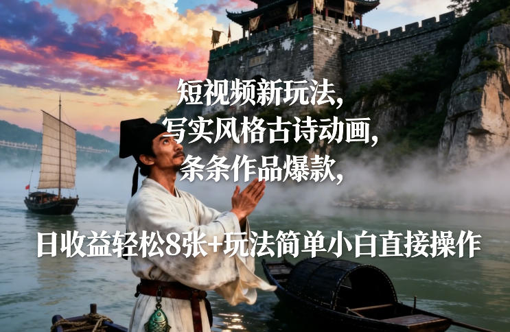短视频新玩法，写实风格古诗动画，条条作品爆款，日收益轻松8张+玩法简单小白直接操作-搞薯条网