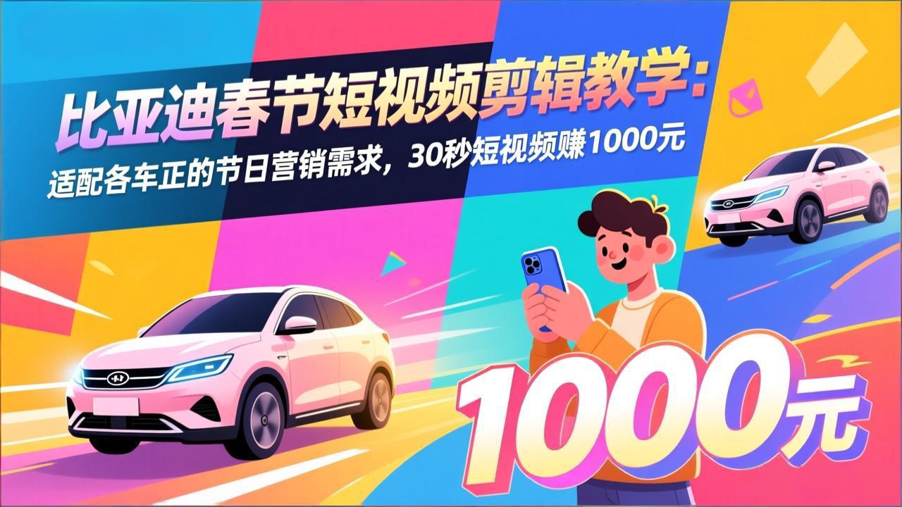 比亚迪春节短视频剪辑教学：适配各车企的节日营销需求，30秒短视频赚1000元-搞薯条网