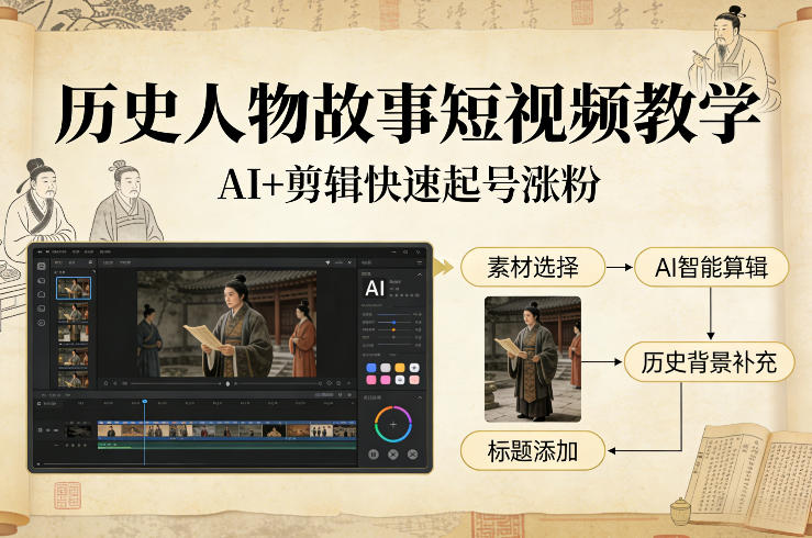 历史人物故事短视频教学，AI+剪辑制作历史人物题材短视频，快速起号涨粉-搞薯条网