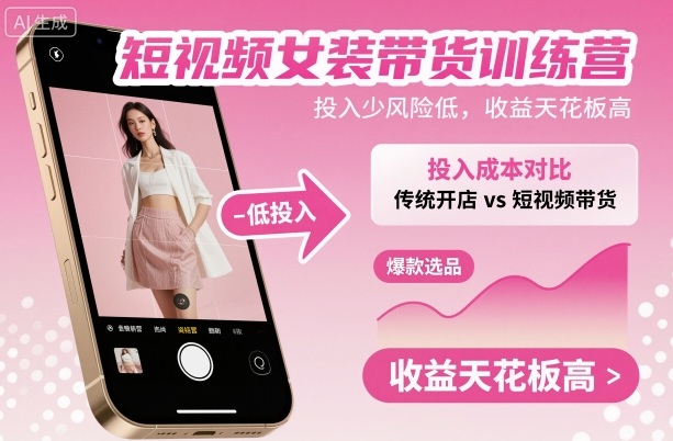 短视频女装带货训练营，投入少风险低，收益天花板高-搞薯条网