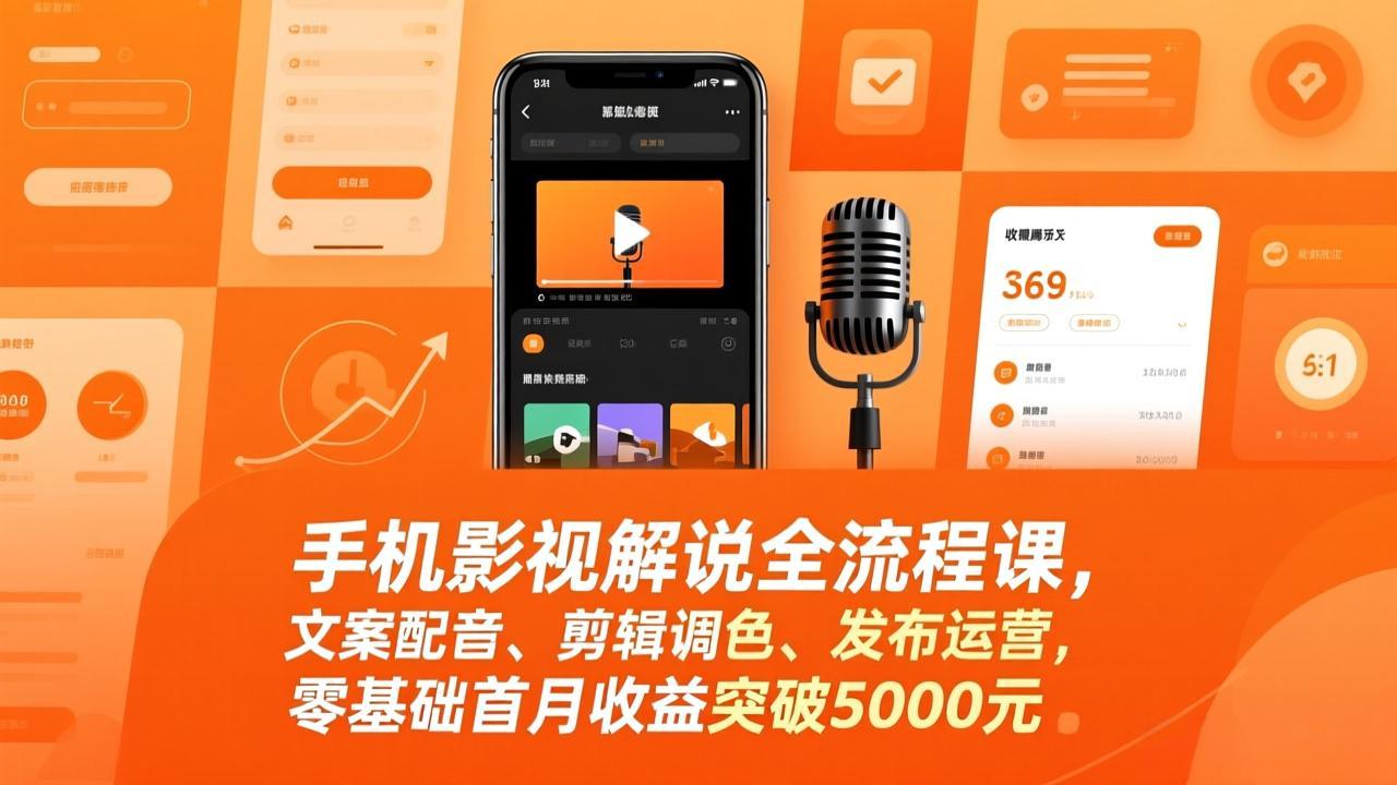 手机影视解说全流程课，文案配音、剪辑调色、发布运营，零基础首月收益突破5000元-搞薯条网