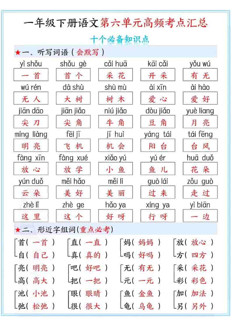 一年级下语文第六单元高频考点汇总-搞薯条网