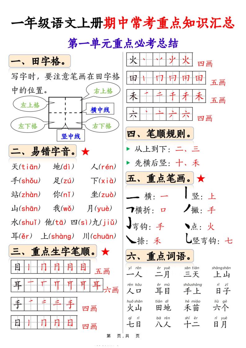 新一上语文1-4单元期中常考重点知识汇总8页-搞薯条网