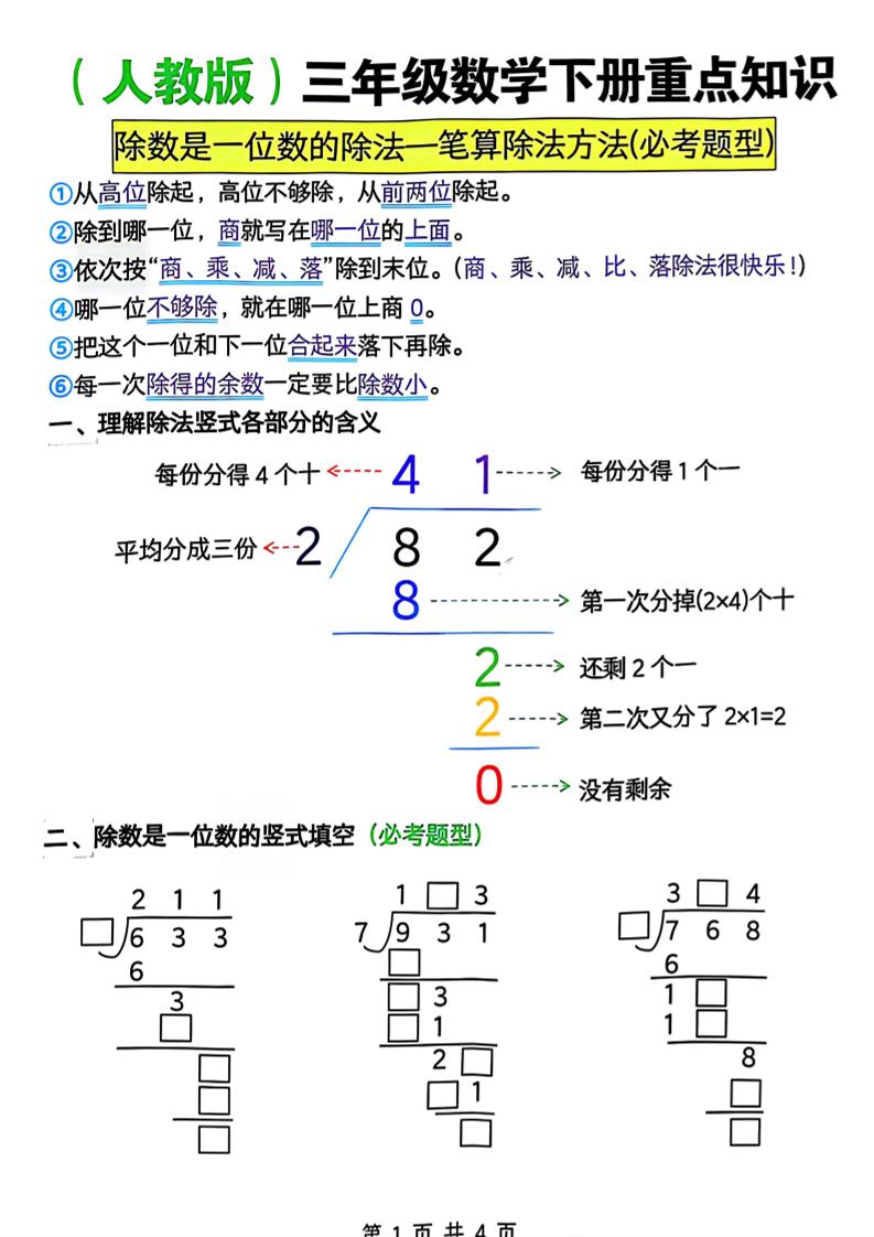 三年级下数学除数是一位数的除法—笔算除法方法(必考题型)《人教版》-搞薯条网