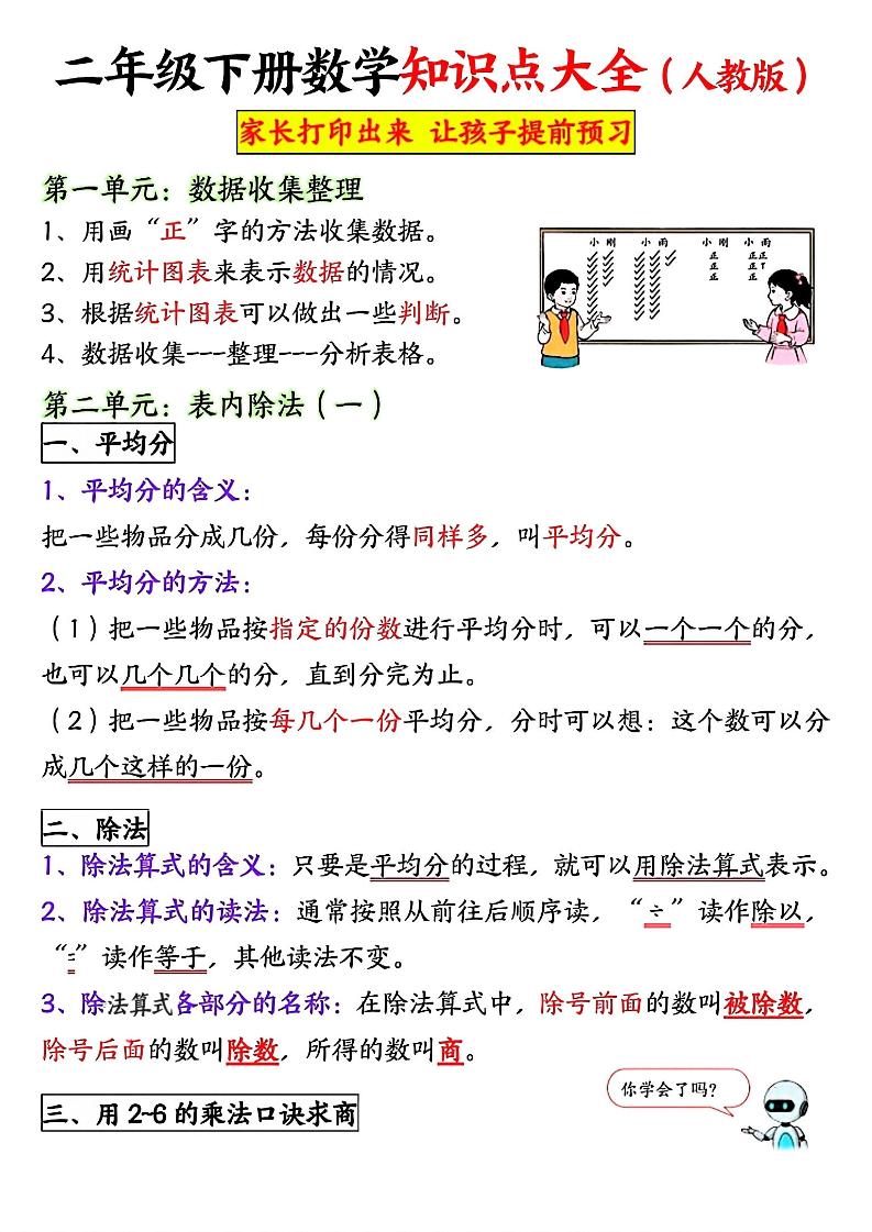 二年级下数学全册重点知识归纳《人教版》-搞薯条网