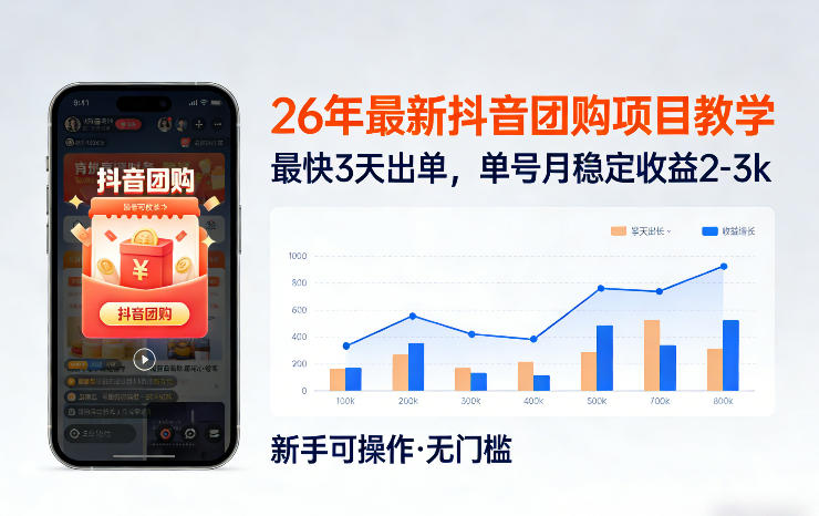 26年最新抖音团购项目教学，0门槛，最快3天出单，单号月稳定收益2-3k-搞薯条网
