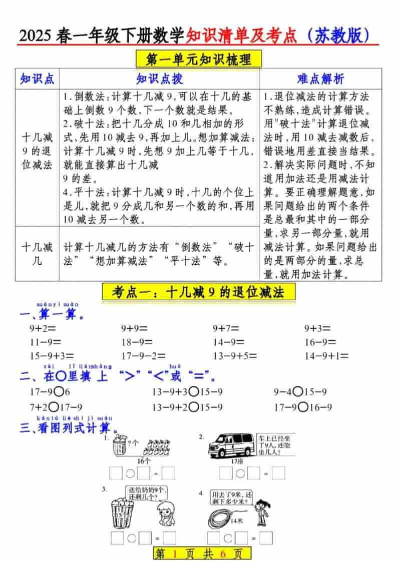 一年级下数学知识清单及考点《苏教版》（衔接版）-搞薯条网