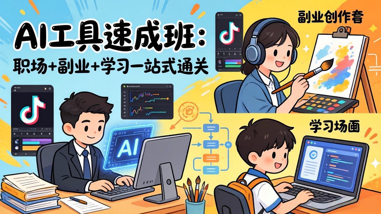 AI工具速成班：职场+副业+学习一站式通关，20+爆款类型+剪映技巧+抖音算法，0基础快速上手-搞薯条网