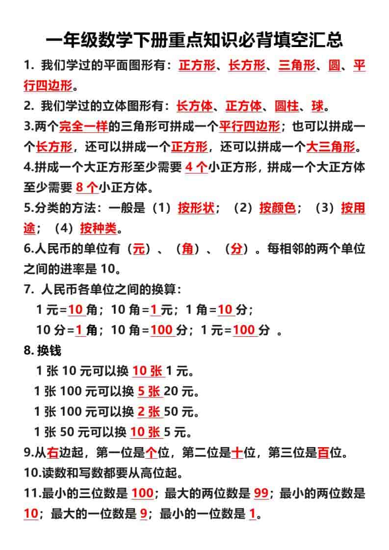 一年级下数学重点必背填空汇总-搞薯条网