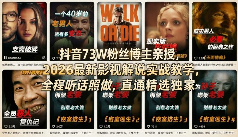 抖音73W粉丝博主亲授，2026最新影视解说实战教学，全程听话照做，直通精选独家-搞薯条网