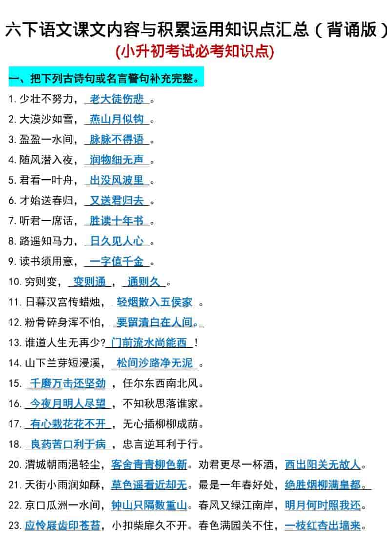 六年级下语文小升初期末必考知识点-搞薯条网