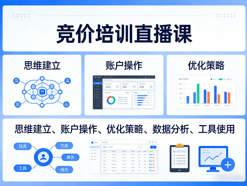 竞价培训直播课,覆盖思维建立、账户操作、优化策略、数据分析、工具使用等,全方位提升效果-搞薯条网