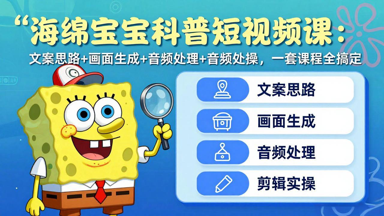 海绵宝宝科普短视频课：文案思路+画面生成+音频处理+剪辑实操，一套课程全搞定-搞薯条网