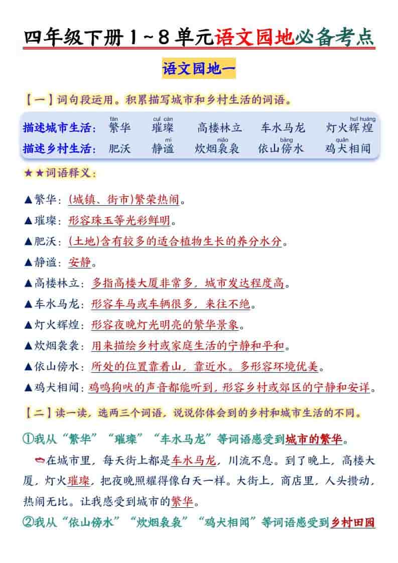 四年级下语文园地1-8单元必备考点-搞薯条网