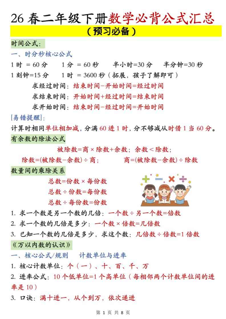 二年级下数学必背公式汇总《人教版》-搞薯条网