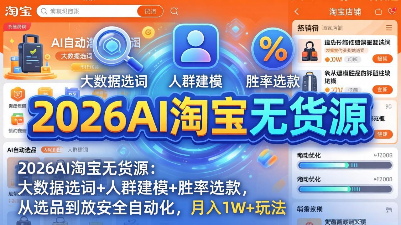 2026AI淘宝无货源：大数据选词+人群建模+胜率选款，从选品到放大全自动化，月入1W+玩法-搞薯条网