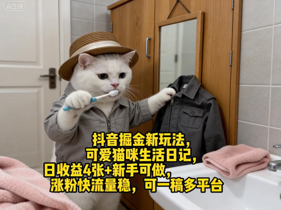 抖音掘金新玩法，可爱猫咪生活日记，日收益4张+新手可做，涨粉快流量稳，可一稿多平台-搞薯条网