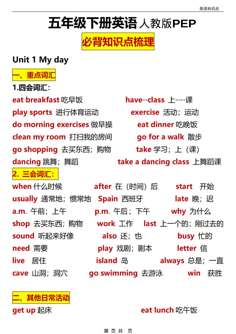 五年级(下）英语全册知识点汇总《人教版PEP》-搞薯条网