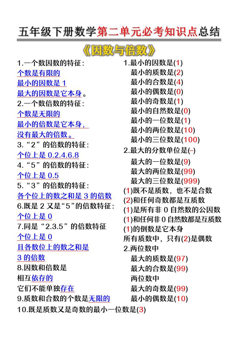 五年级下数学第二单元必考知识点总结-搞薯条网
