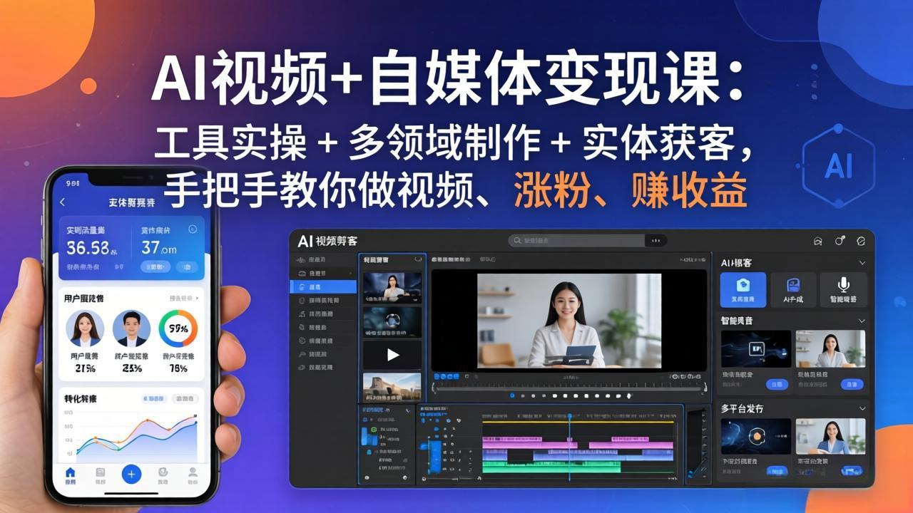 AI视频+自媒体变现课：工具实操 + 多领域制作 + 实体获客，手把手教你做视频、涨粉、赚收益-搞薯条网
