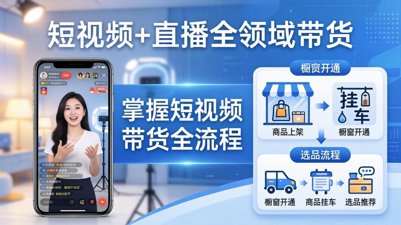 短视频+直播全领域带货-更新：掌握橱窗开通、挂车、选品、爆款文案改编等短视频带货全流程-搞薯条网