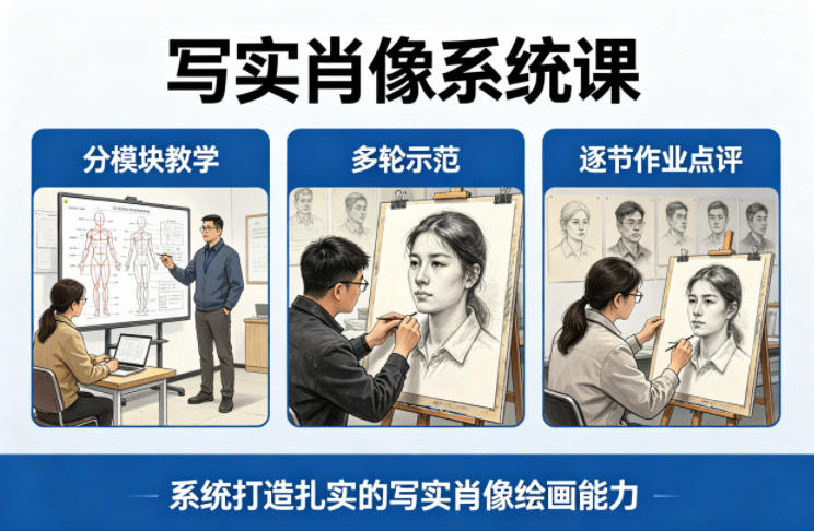 写实肖像系统课,全程分模块教学+多轮示范+逐节作业点评,系统打造扎实的写实肖像绘画能力-搞薯条网