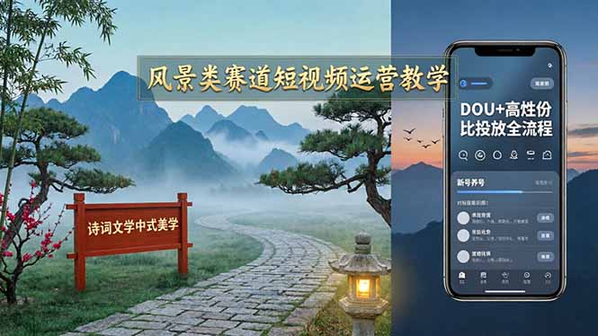 风景类赛道短视频运营教学:诗词文学中式美学,新号养号对标账号定位,DOU+高性价比投放全流程-搞薯条网