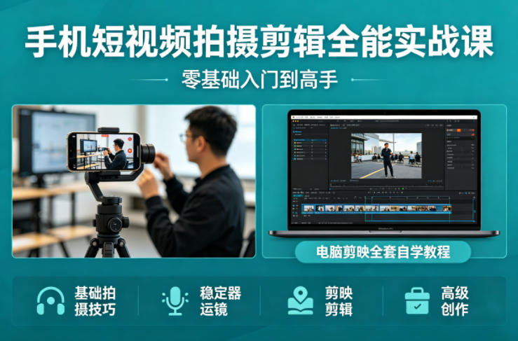 手机短视频拍摄剪辑全能实战课:零基础入门到高手,稳定器运镜+电脑剪映全套自学教程-搞薯条网