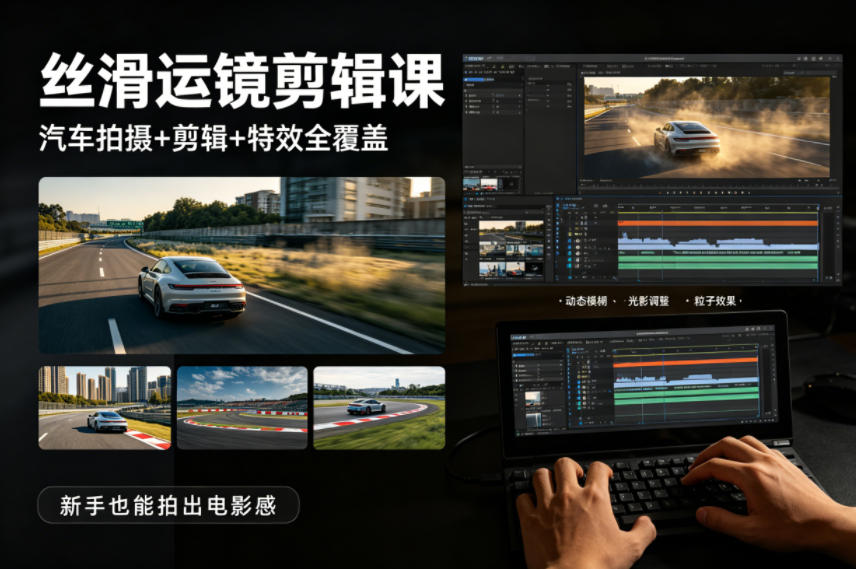 大叔丝滑运镜剪辑课,汽车拍摄+剪辑+特效全覆盖,新手也能拍出电影感-搞薯条网