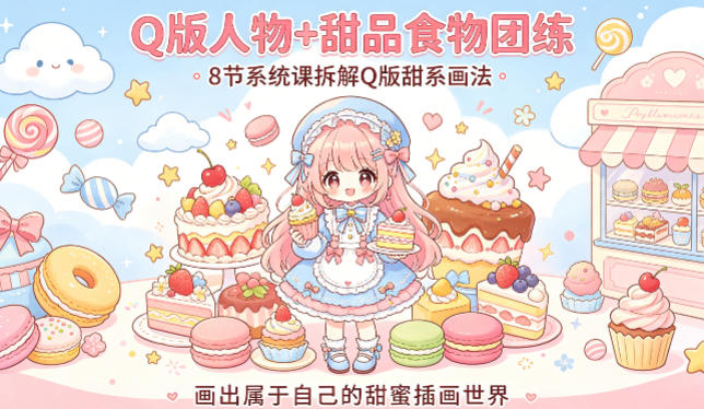 Q版人物+甜品食物团练，8节系统课拆解Q版甜系画法，画出属于自己的甜蜜插画世界-搞薯条网