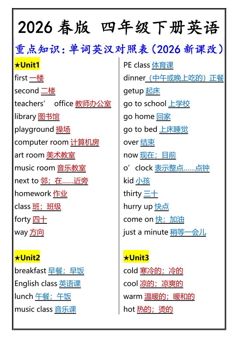 2026春新版四年级下英语重点知识：单词英汉对照表《人教版PEP》-搞薯条网