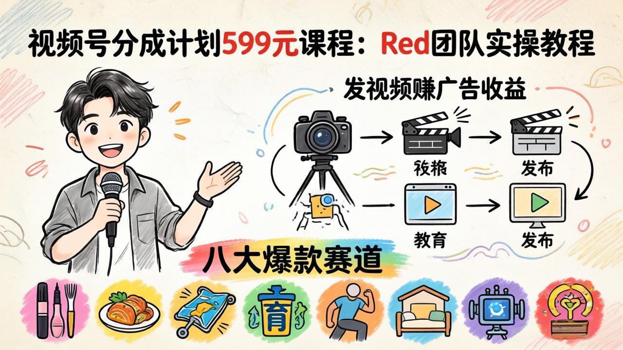 视频号分成计划599元课程：Red团队实操教程，发视频赚广告收益，八大爆款赛道全掌握-搞薯条网