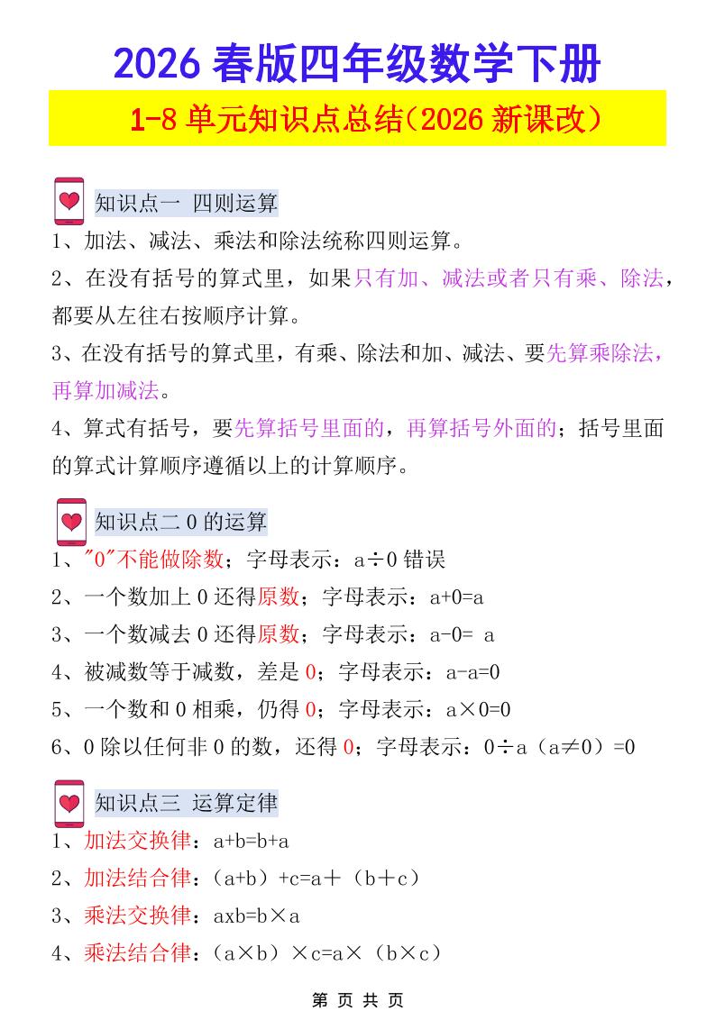 2026春新版四年级下数学1-8单元知识点总结《人教版》-搞薯条网