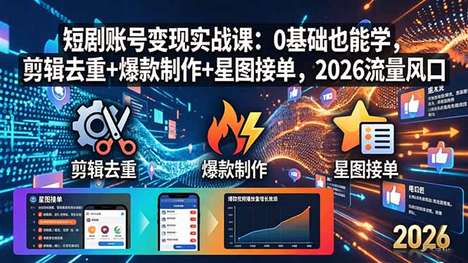 短剧账号变现实战课：0基础也能学，剪辑去重+爆款制作+星图接单，2026流量风口-搞薯条网