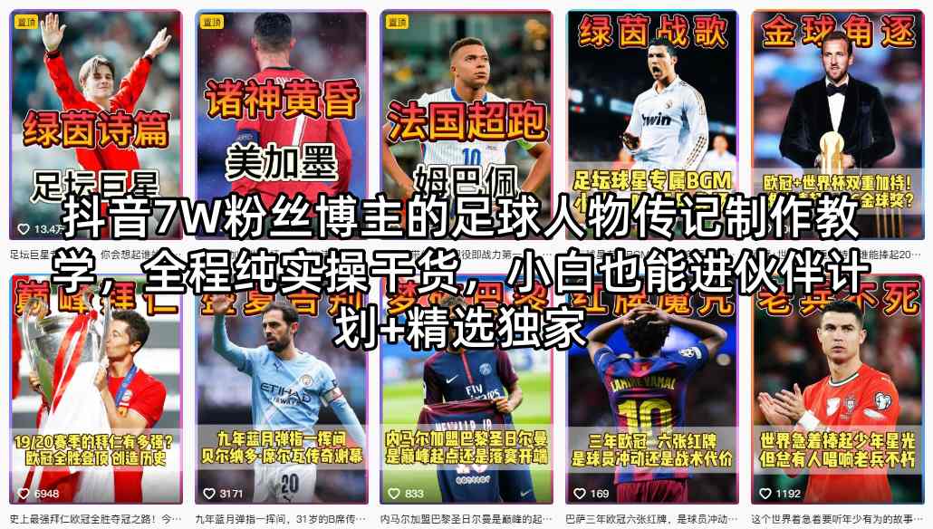 抖音7W粉丝博主的足球人物传记制作教学，全程纯实操干货，小白也能进伙伴计划+精选独家-搞薯条网