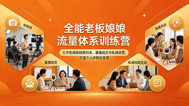 全能老板娘流量体系训练营，三天吃透短视频引流、直播成交与私域运营，打造个人IP轻松变现-搞薯条网