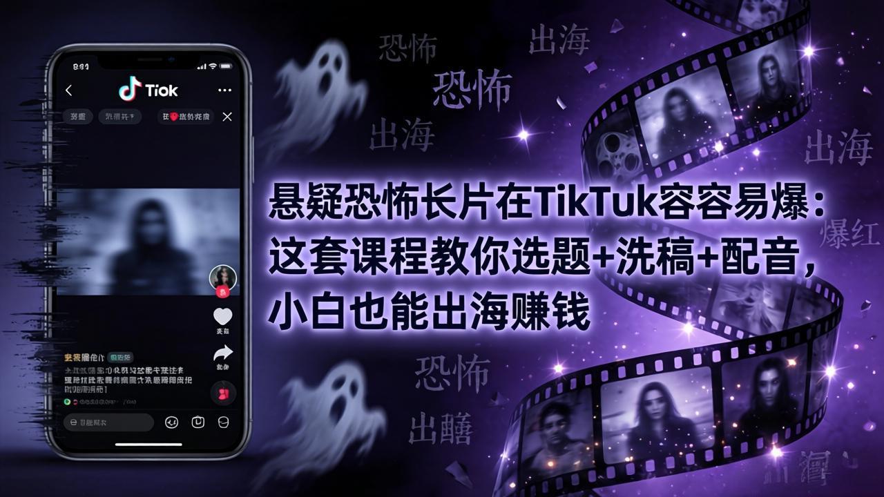 悬疑恐怖长片在TikTok最容易爆：这套课程教你选题+洗稿+配音，小白也能出海赚钱-搞薯条网