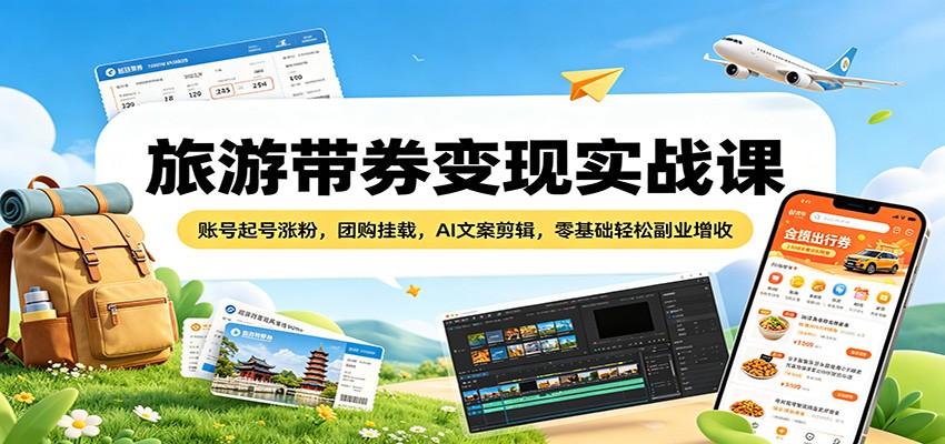 旅游带券变现实战课：账号起号涨粉，团购挂载，AI文案剪辑，零基础轻松副业增收-搞薯条网
