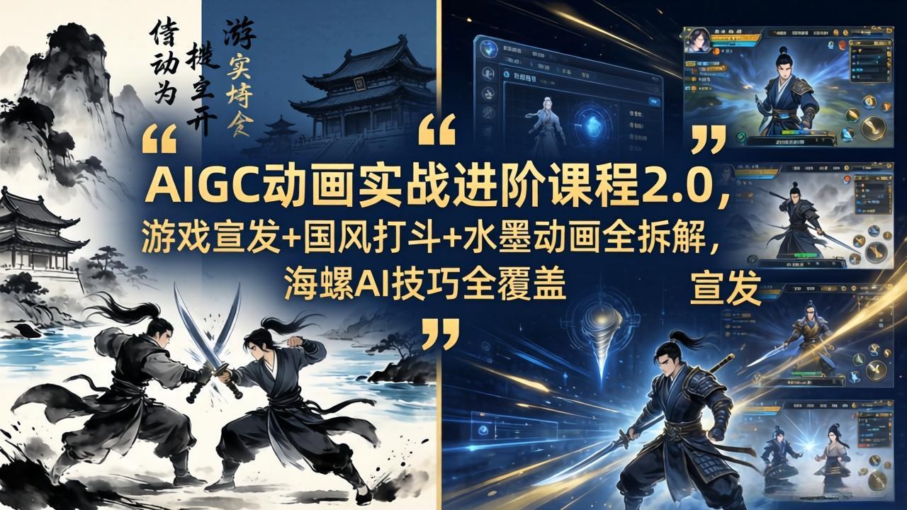 AIGC动画实战进阶课程2.0，游戏宣发+国风打斗+水墨动画全拆解，海螺AI技巧全覆盖-搞薯条网