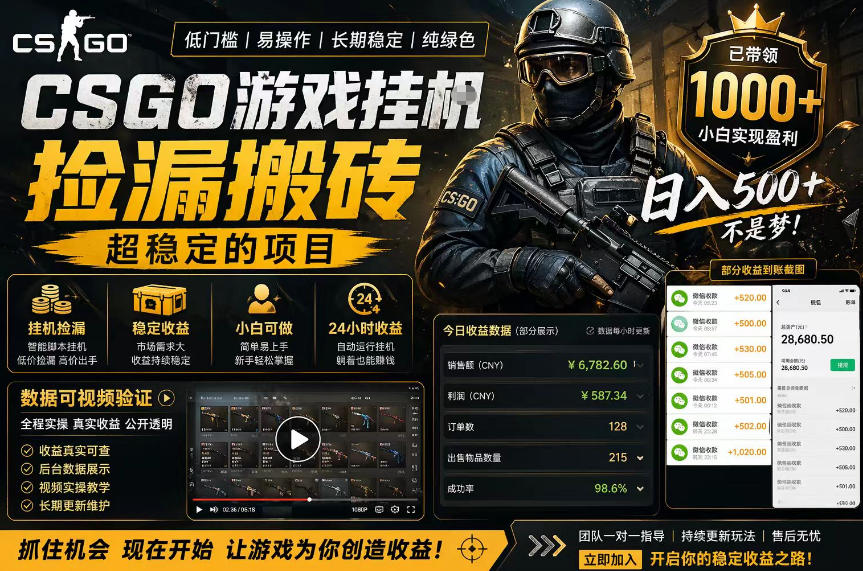 CSGO游戏搬砖，全自动挂G，不需要玩游戏，手机操作日入300+，解放双手【揭秘】-搞薯条网