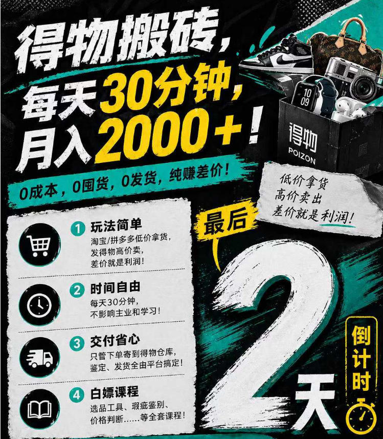 得物搬砖，0成本起步每天30分钟，月入2000+，0成本，0囤货，0发货，纯賺差价-搞薯条网