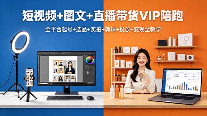 短视频+图文+直播带货VIP陪跑，全平台起号+选品+实拍+剪辑+投放+变现全教学-搞薯条网